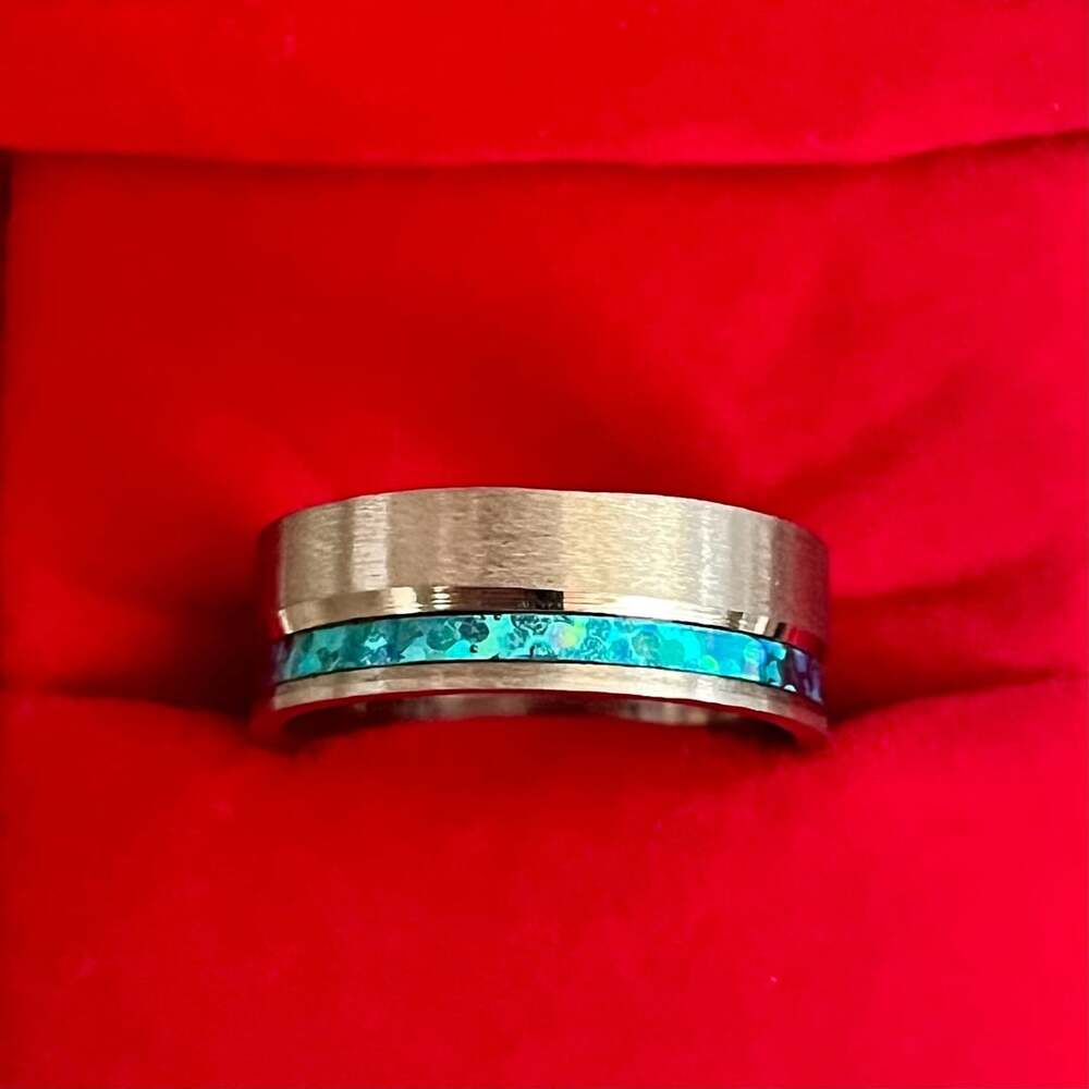 Tungsten Twin Band Ring Turquoise Opal Inlay Brushed 8mm Band Size 10
